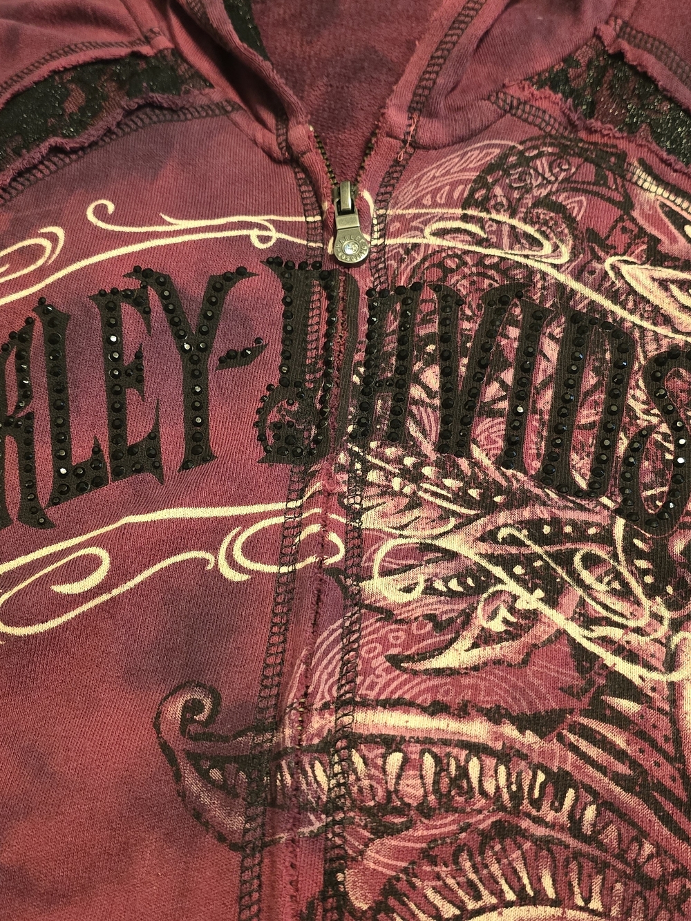 Harley-Davidson Women's Burgundy Zip Hoodie with Black Lace Trim - Picture 3 of 9